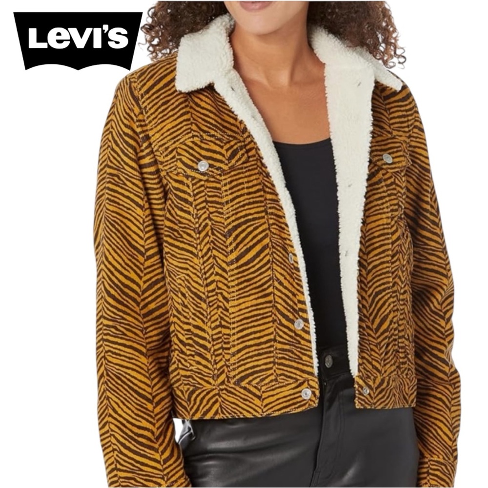 NWT LEVI’S ‘EX BOYFRIEND” SHERPA LINED CORDUROY ANIMAL PRINT TRUCKER JAC…